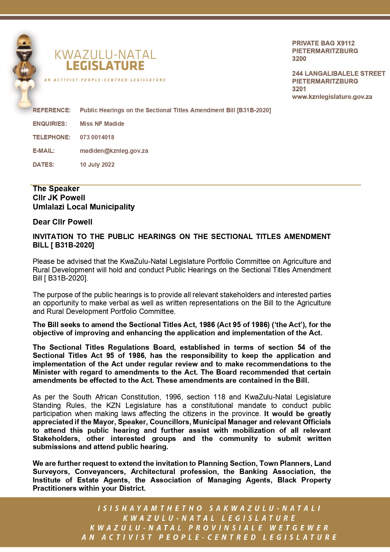 Letter to the Speaker regarding Sectional Titles Amendment Bill Public H page 0001