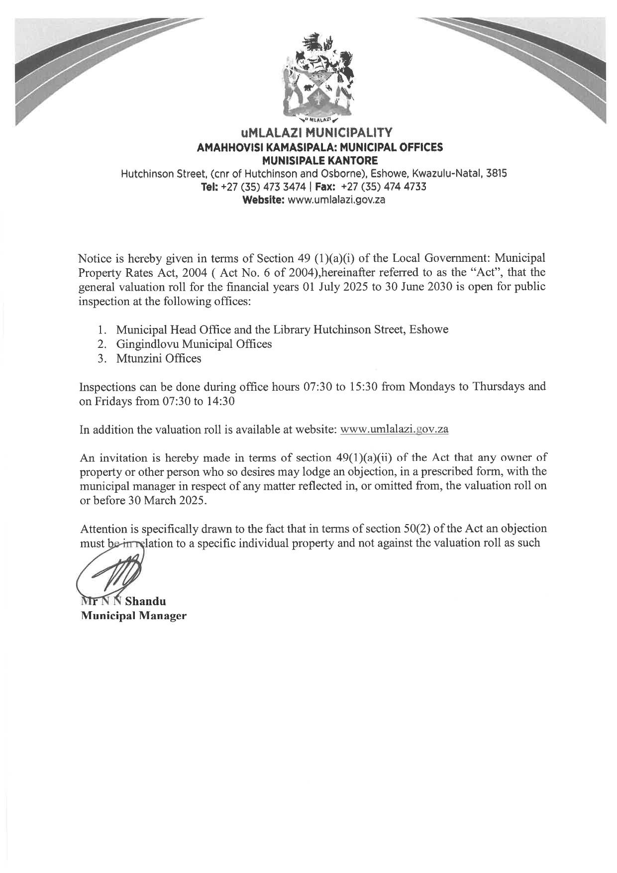 NOTICE FOR THE PUBLICATION OF THE VALUATION ROLL 2025 2030 page 0001